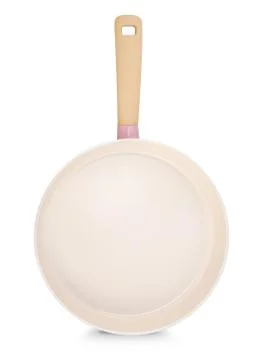 Top view of new empty frying pan isolated on white Fotos de archivo
