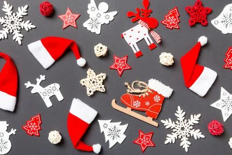 Top view of New Year decorations on black background. Merry Christmas concept Stock Photos