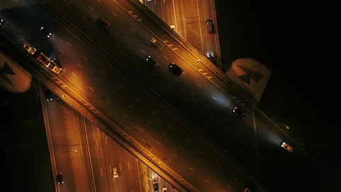 Top View Night Traffic Intersection Of Motorway With Light Moscow 4K Aerial Stock Footage 103333195
