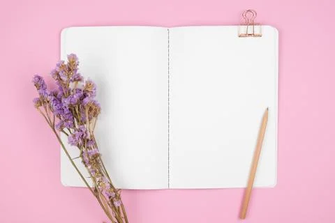 Top view of notebook and violet flower on pink background Stock Photos