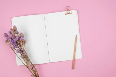Top view of notebook and violet flower on pink background Stock Photos