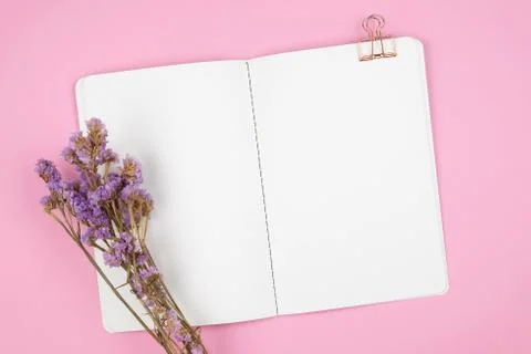 Top view of notebook and violet flower on pink background Stock Photos