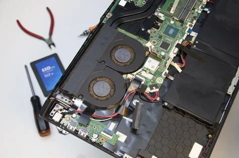 Top view. Notebook computer motherboard, motherboard and circuit repair. Stock Photos