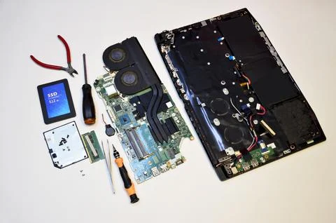 Top view. Notebook computer motherboard, motherboard and circuit repair. Stock Photos