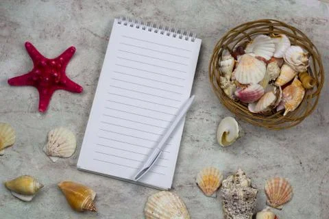 Top view notebook with empty sheet, pen and sea shells Stock Photos
