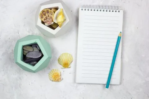 Top view notebook with empty sheet and sea shells concrete background Stock Photos