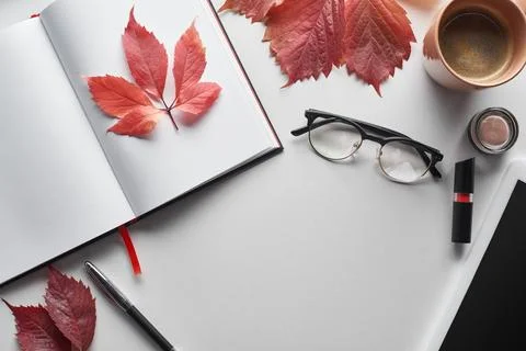 Top view notebook glasses coffee Stock Photos