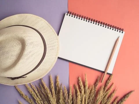 Top view of notebook hat and grass flower Stock Photos