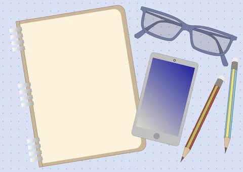 Top view of a notebook with a mobile phone, eyeglasses, and two pencils on an or Stock Illustration