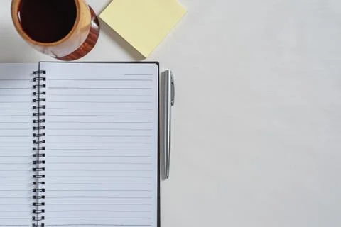 Top view of notebook, paper note,  juice Stock Photos