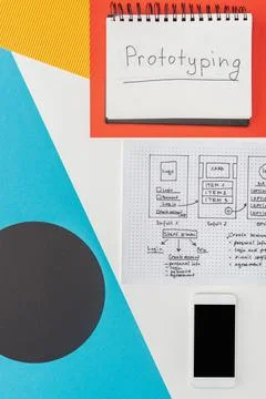 Top view notebook prototyping lettering Stock Photos