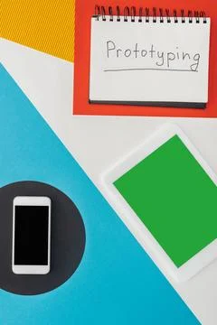 Top view notebook prototyping lettering Stock Photos
