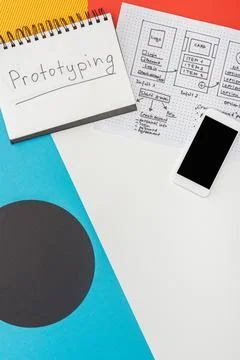 Top view notebook prototyping lettering Stock Photos