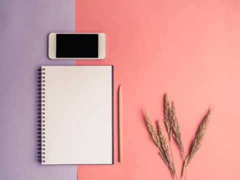 Top view of notebook, smartphone, grass flower on orange purple background Stock Photos