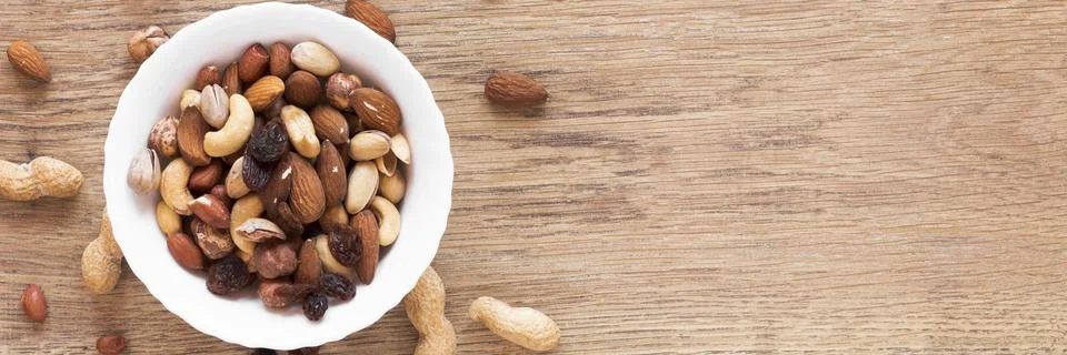 Top view nuts concept with copy space Stock Photos