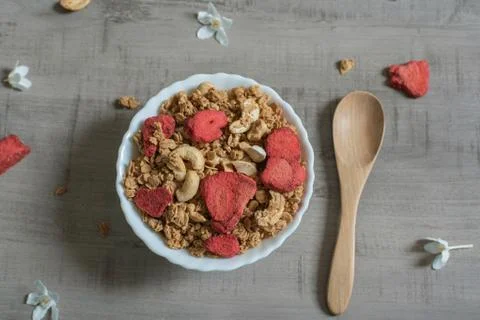 Top view of oat flakes and strawberry Stock Photos