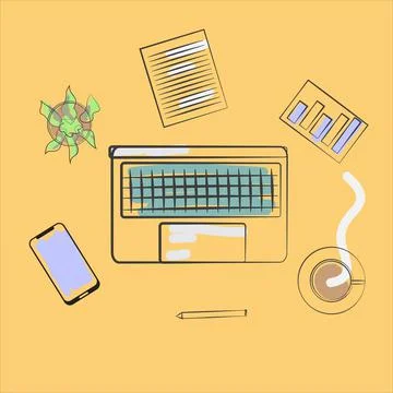 Top View Office Dekstop Vector Illustration Stock Illustration