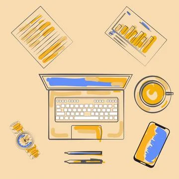 Top View Office Dekstop Vector Illustration Stock Illustration
