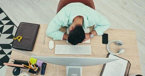 Top view, office desk and business man sleeping with low energy problem, tired Stock Footage 259115154