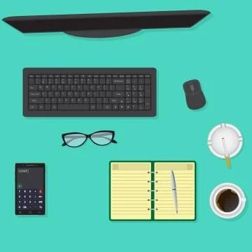 Top view of office desk background including monitor, glasses, cup of coffee. Stock Illustration