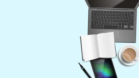 Top View Office Desk Background Vector. Working Place Table. Laptop, Computer Illustrazione stock