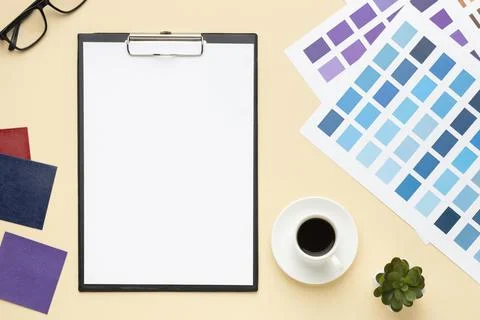 Top view office desk composition graphic designer with clipboard. High quality Stock Photos