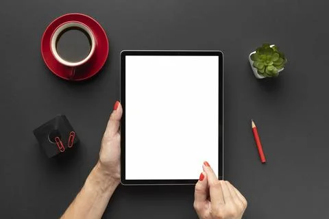 Top view office desk composition with tablet. High quality and resolution b.. Stock Photos