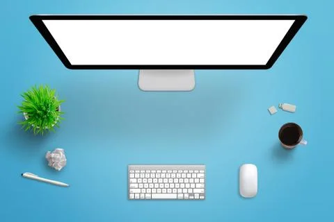 Top view of office desk with computer display with isolated screen for mockup Stock Photos