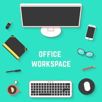 Top view of office desk with pc Stock Illustration