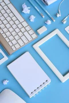Top view of office desk table Stock Photos