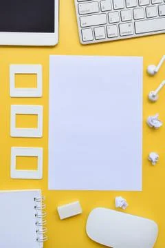 Top view of office desk table Stock Photos