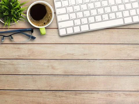 Top view office desk table or office workplace. Flat lay business workspace. Stock Photos