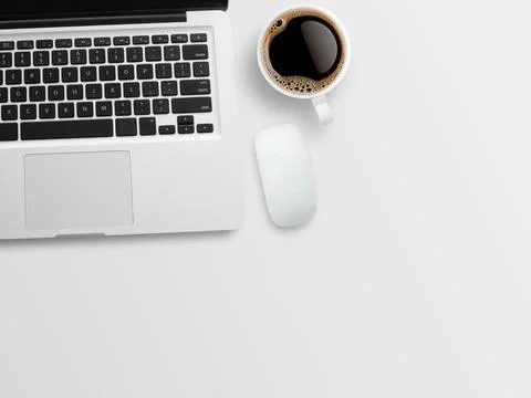 Top view office desk table or office workplace. Flat lay business workspace. Stock Photos