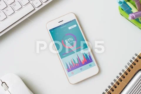 Top view of office desk table with graph PSD Template