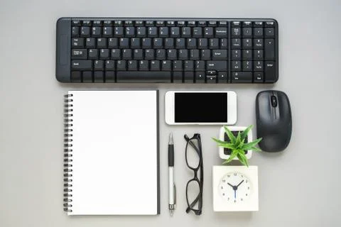 Top view of office desk technology items Stock Photos