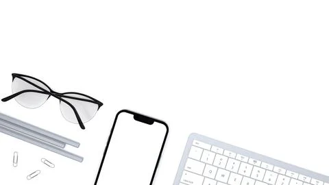 Top view of office desk work space with smartphone, pencil, keyboard, glasses Stock Illustration
