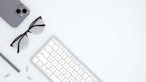 Top view of office desk work space with smartphone, pencil, keyboard, glass.. Stock Illustration