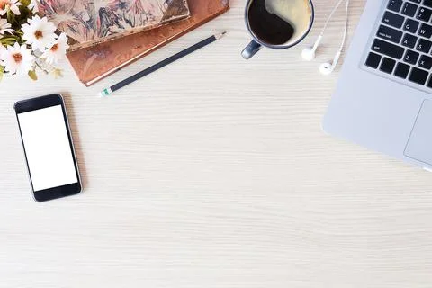 Top view Office desktop with office accessories, Desktop with business object Stock Photos