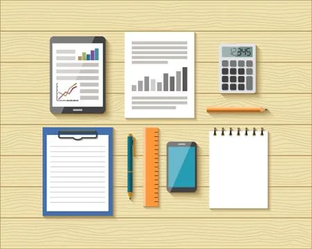 Top View of Office Objects on Wooden Desk Stock Illustration