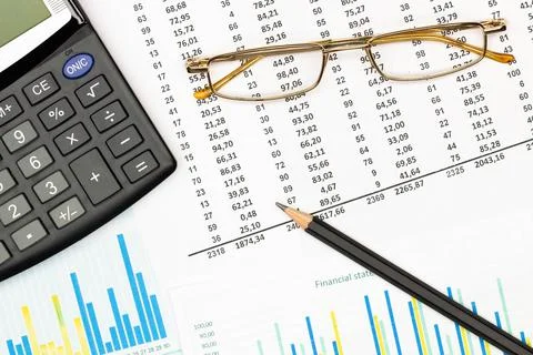 Top view office table desk. Financial report. Flat lay. Workspace with Business Stock Photos