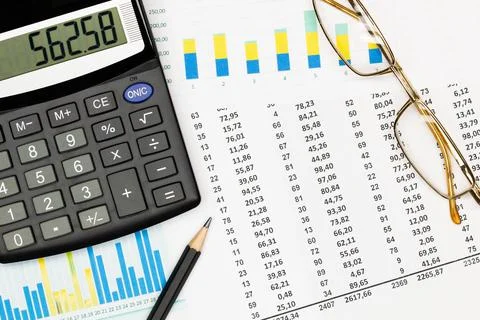 Top view office table desk. Financial report. Flat lay. Workspace with Business Stock Photos