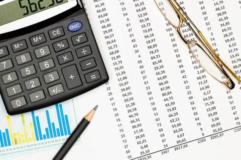 Top view office table desk. Financial report. Flat lay. Workspace with Business Stock Photos