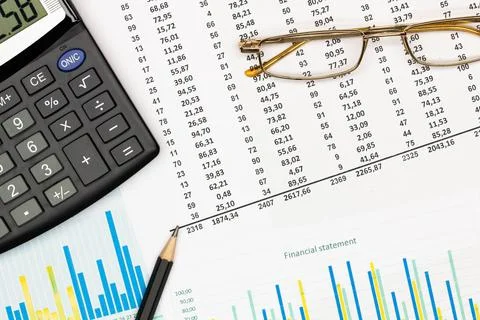 Top view office table desk. Financial report. Flat lay. Workspace with Business Stock Photos