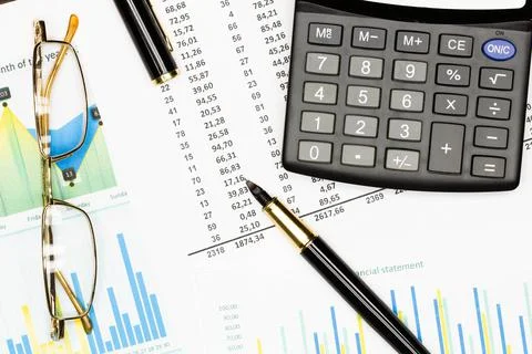 Top view office table desk. Financial report. Flat lay. Workspace with Business Stock Photos