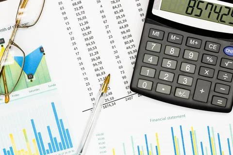 Top view office table desk. Financial report. Flat lay. Workspace with Business Stock Photos