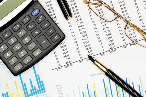 Top view office table desk. Financial report. Flat lay. Workspace with Business Stock Photos