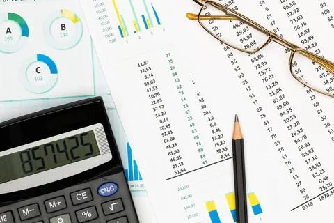 Top view office table desk. Financial report. Flat lay. Workspace with Business Stock Photos