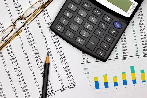 Top view office table desk. Financial report. Flat lay. Workspace with Business Stock Photos