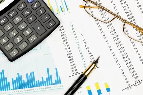 Top view office table desk. Financial report. Flat lay. Workspace with Business Stock Photos