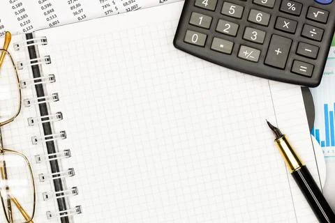 Top view office table desk. Financial report. Flat lay. Workspace with Business Stock Photos